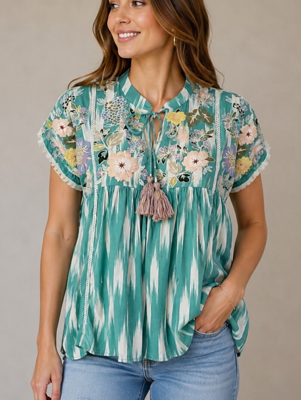 Thml Floral Embroidered Teal Flowy Fringe Peasant Swing Blouse